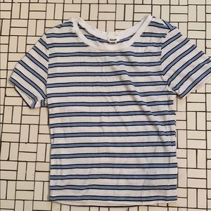 blue, black and white striped shirt.